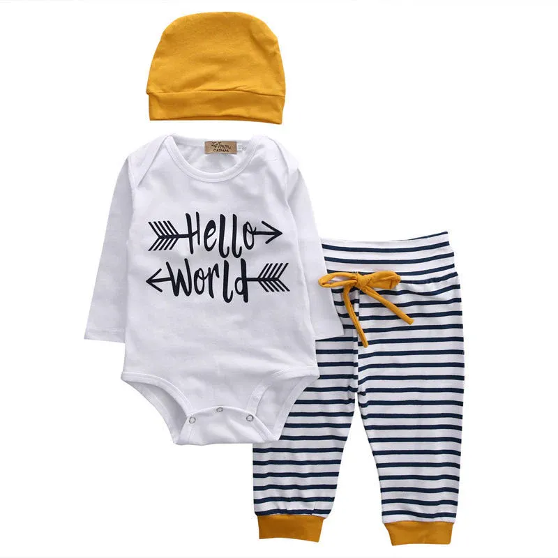 3-Piece Newborn Baby Clothes Set | Long Sleeve Romper, Striped Pants, and Hat - Image 5